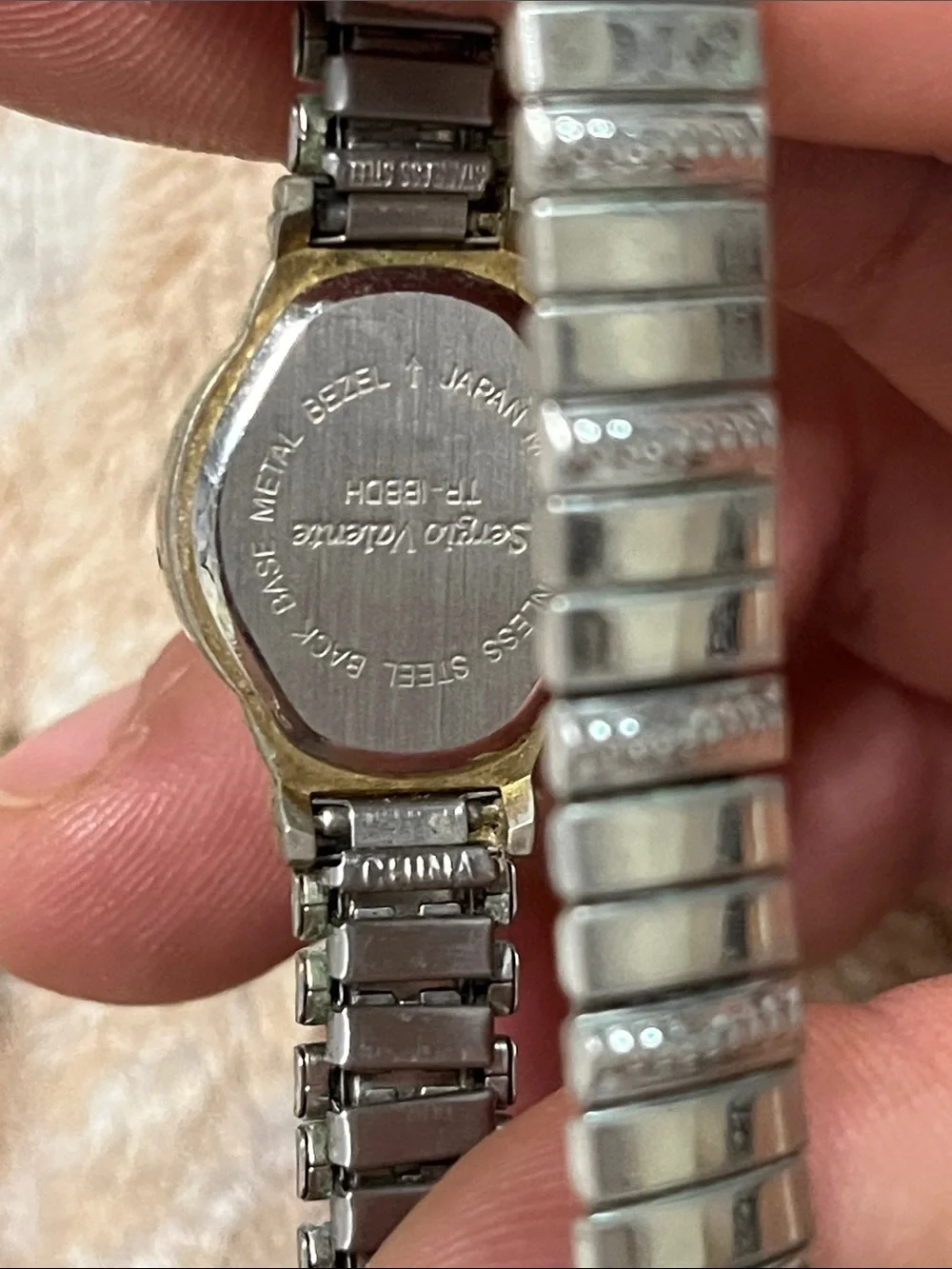 Gitano Silver-Tone Watch with Iridescent Blue-Green Abalone Dial